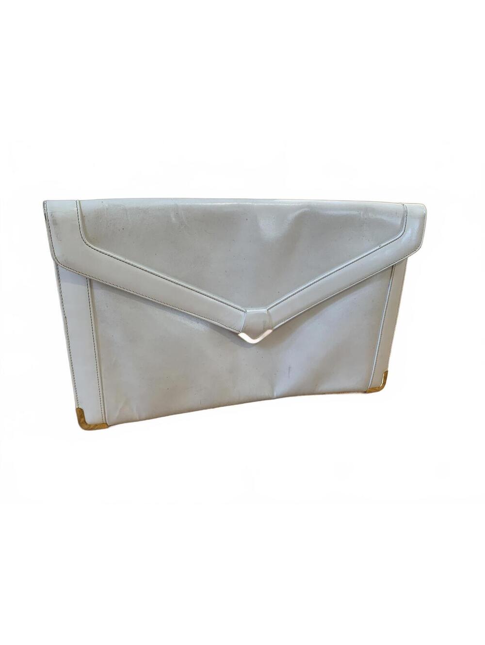 Vintage Koret White Leather Envelope Clutch with Gold Corner Accents